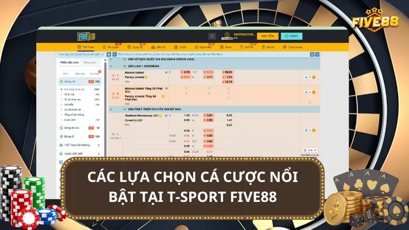 Các lựa chọn cá cược nổi bật tại T-Sport Five88